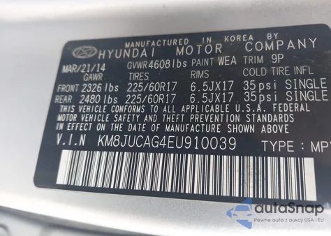 2014 Hyundai Tucson Se из США, поврежденный, VIN KM8JUCAG4EU910039